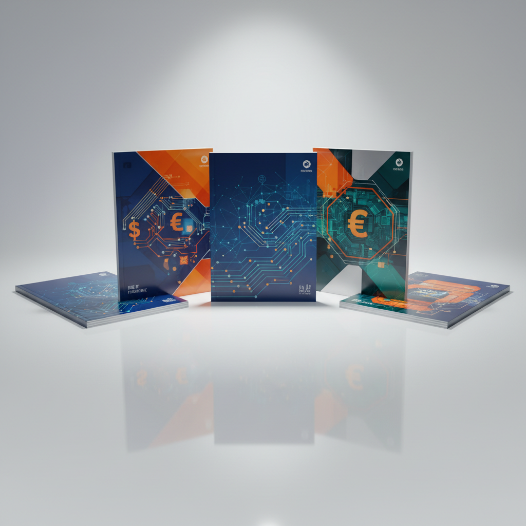 A set of elegant, high-gloss business brochures arranged in a semi-circle atop a seamless white acrylic surface, each brochure featuring a bold, contemporary cover design inspired by commerce and innovation. Subtle spotlights from above highlight the vivid colors, creating dynamic reflections and crisp shadows that playfully intersect on the glossy surface. The mood is forward-thinking, energetic, and meticulously curated, evoking fresh opportunity within an exclusive business network. Photographed from a slightly elevated angle, the composition follows the rule of thirds, directing attention to the creativity and quality of the branded materials. The overall style is contemporary and visually striking, in line with a cutting-edge commerce membership community.