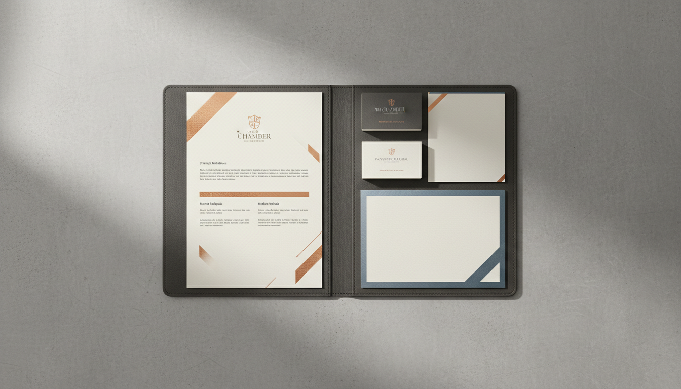 A luxuriously textured portfolio folder crafted from charcoal gray leather with a subtle emboss of "The Chamber" crest, resting open on a minimalist concrete desk. Inside, precision-cut inserts reveal sample business documents printed on heavyweight, matte-finish paper with metallic accents. The scene is softly illuminated by diffused natural daylight coming from an unseen window, creating gentle highlights on the leather grain and paper details. The mood is refined and composed, instilling a sense of professionalism and premium service. The image is captured from an overhead, bird’s eye view with balanced spacing, exemplifying a clean and modern business aesthetic.